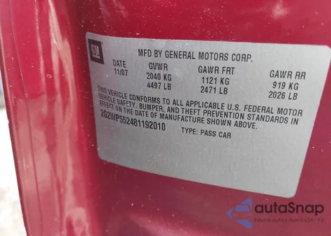 2008 Pontiac Grand Prix z USA, uszkodzony, nr VIN 2G2WP552481192010